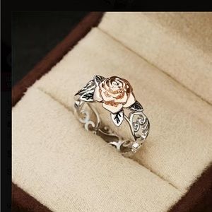 Rose Golden Flower Men's Ring Vintage Silver Plated Two-tone